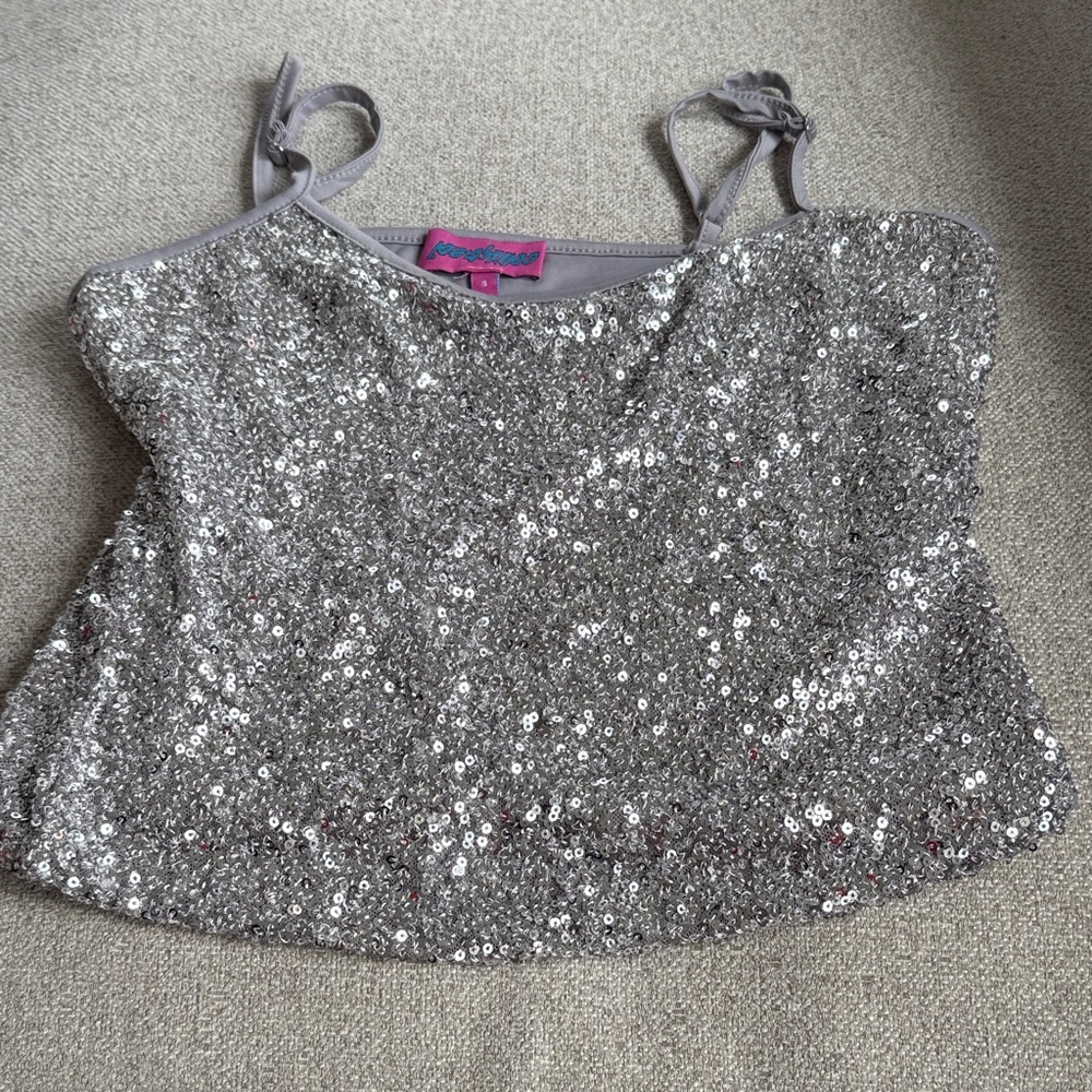 Edikted Silver Sequin Tank Top with Tie Straps